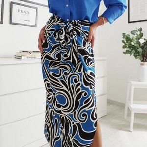 ZARA Sarong Pareo Midi Skirt Side tie Black Blue White S Zipper